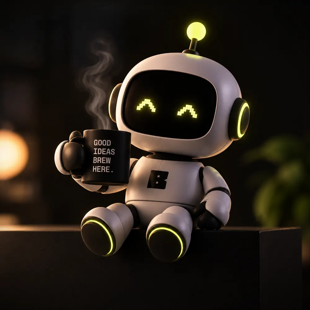 Bitto, the Bitbew mascot — a small robot sitting on a ledge with a mug that reads “Good ideas brew here.”