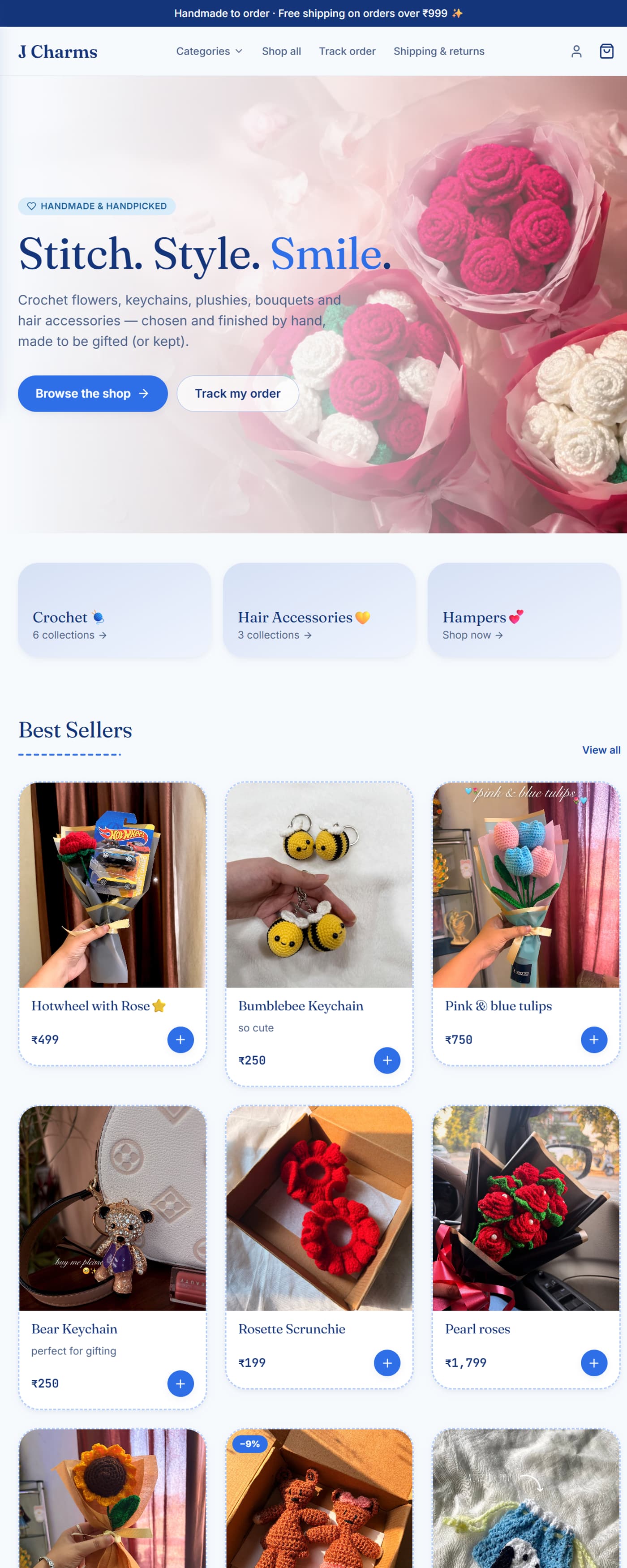 J Charms — the live site, scrolling from the top of the home page