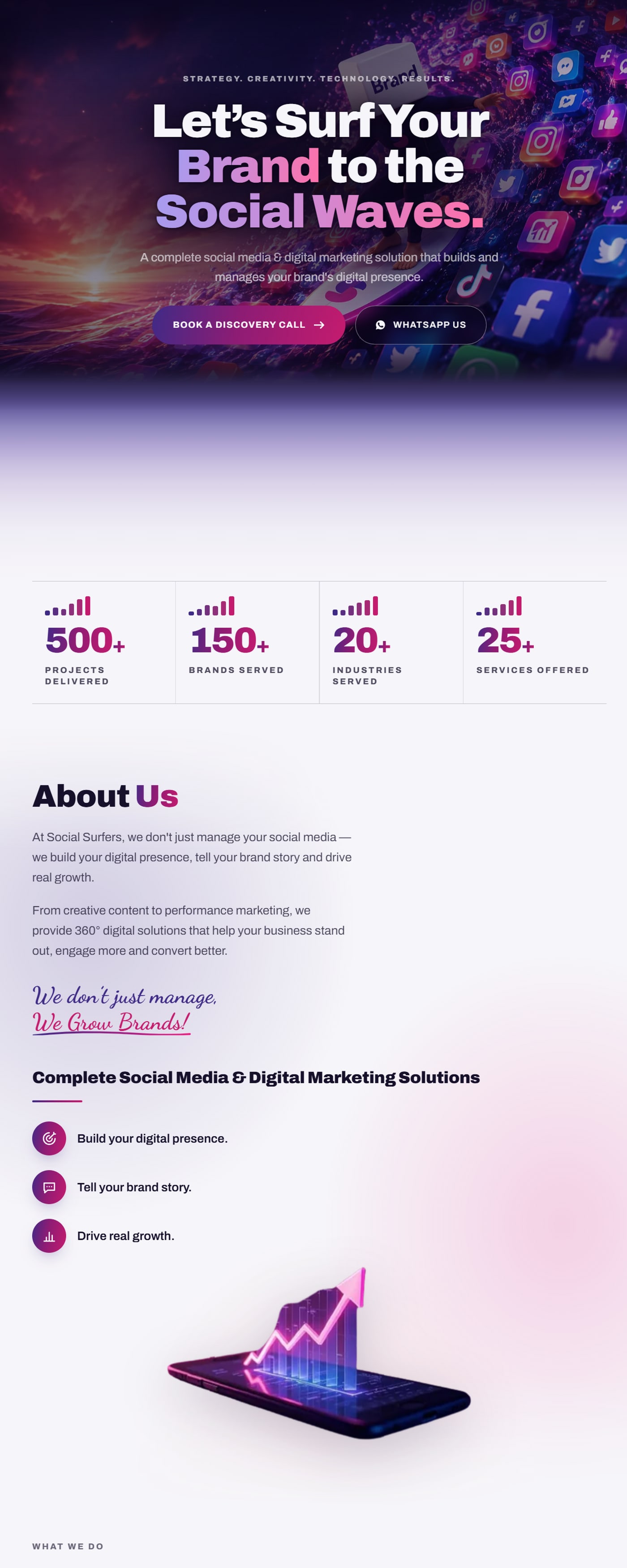 Social Surfers — the live site, scrolling from the top of the home page